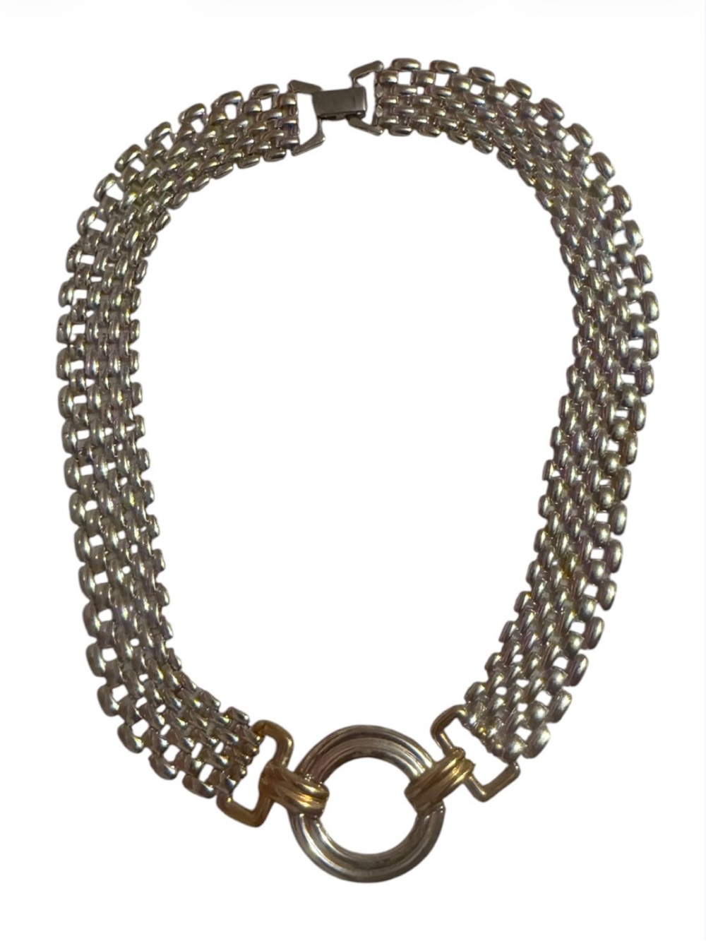 Unique Vintage Napier Two-Tone Multi-Row Chain Necklace with Center Ring